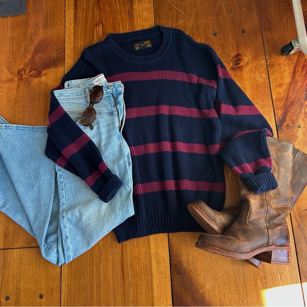 Eddie Bauer Navy and Burgundy Striped Sweater